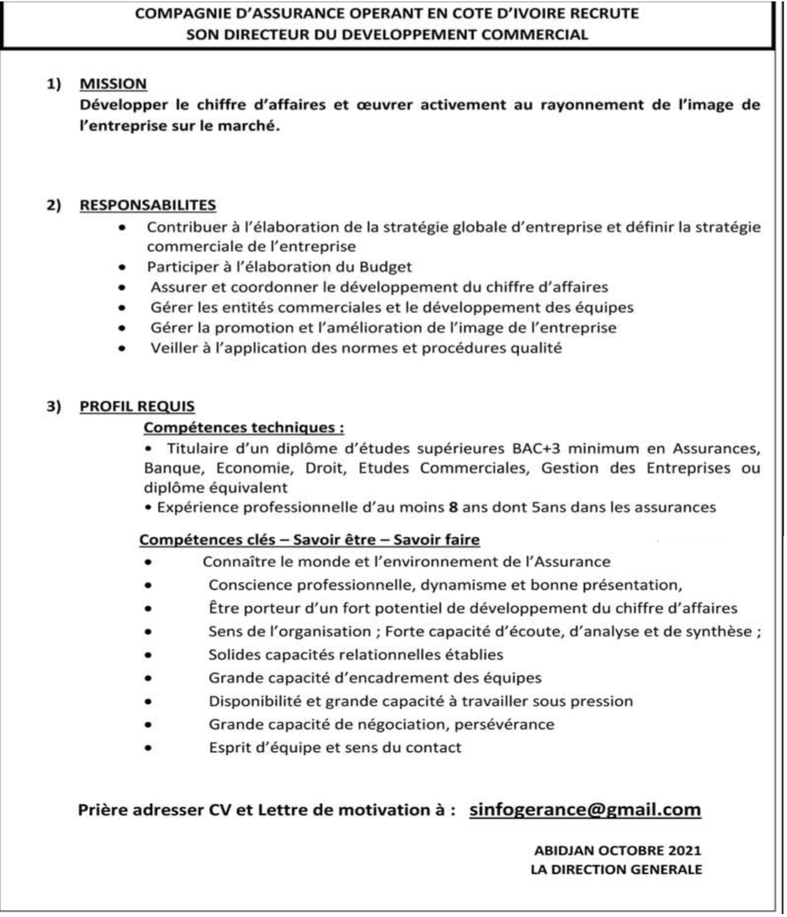 Recrutement de 01 Directeur du Développement Commercial